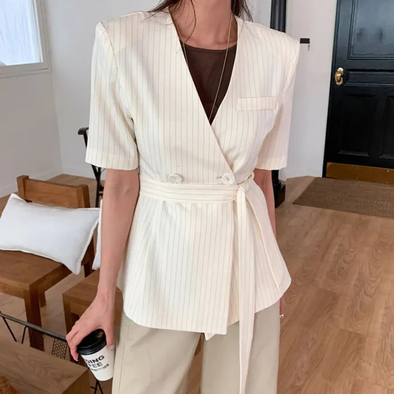 Elegant Striped Blazer Women Fashion Black Lace Up Suit Jackets Korean V Neck Outerwears Summer Office Ladies Short Sleeve Coats 250610
