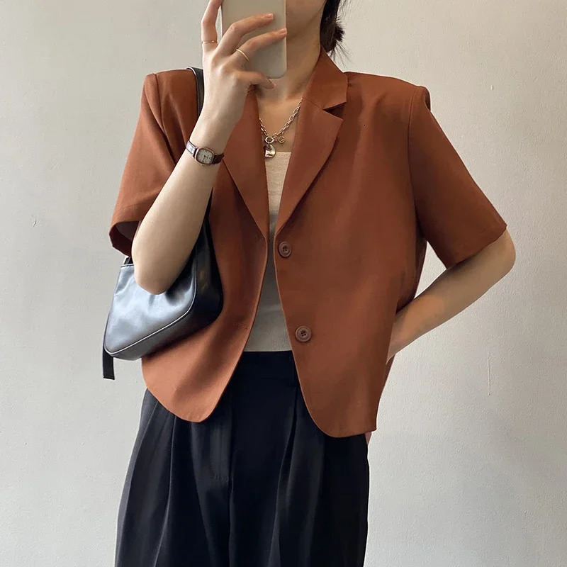 Summer Thin Short Sleeve Blazer Women Casual Single Breasted Jacket Woman Korean Solid Color Office Suit Coat Ladies 250610