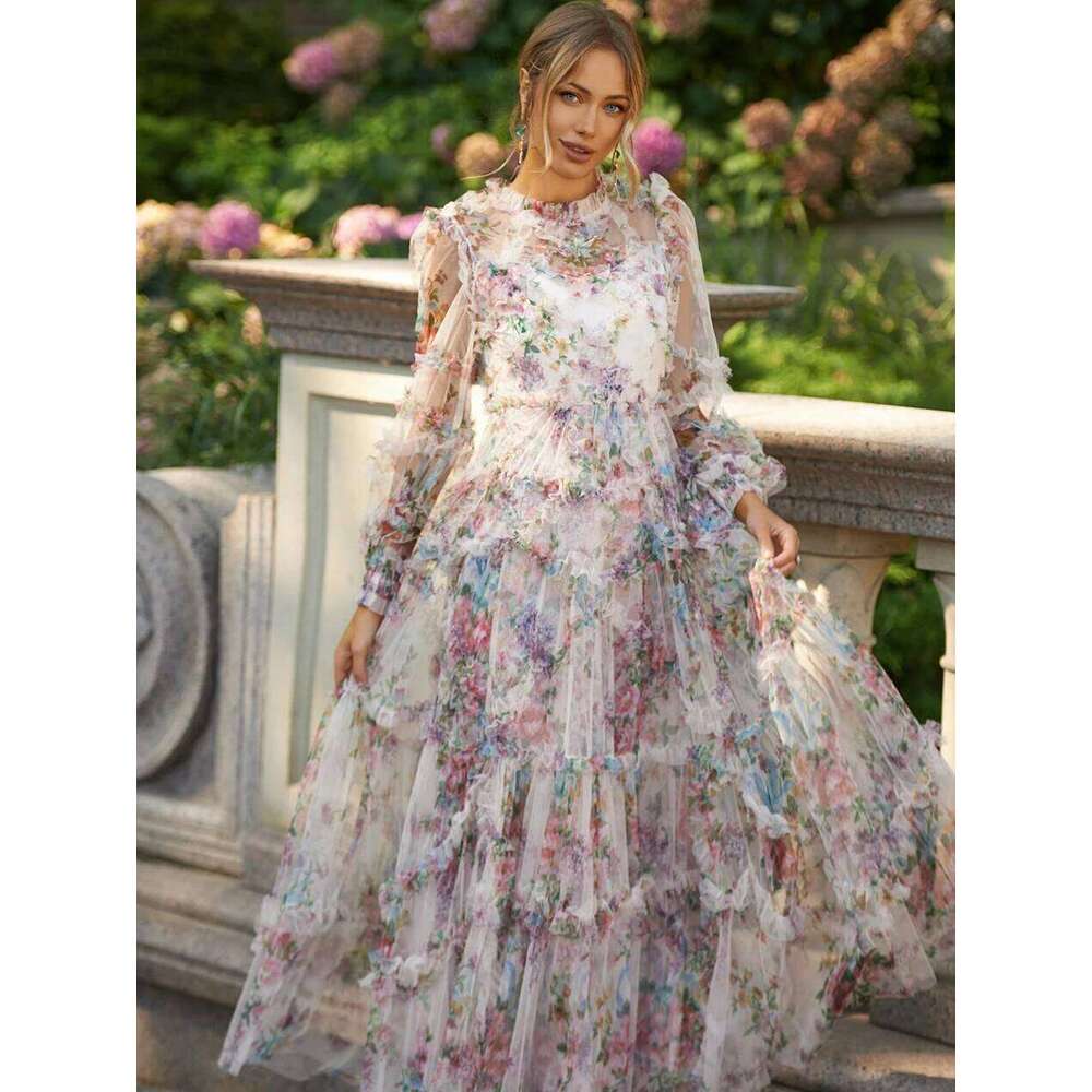 Lace Lantern Sleeve Mesh Print Cascading Ruffle Vacation Ball Gown Dresses For Women 2022 Designer Autumn Runway Elegant