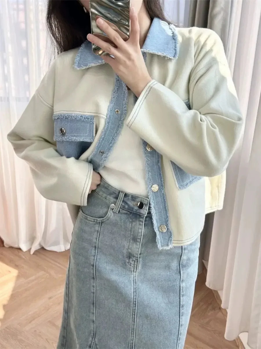 Women Fashion Jacket Turn-Down Collar Denim Splices Single Breasted Long Sleeve Ladies Pockets Knitted Coat Spring 250609