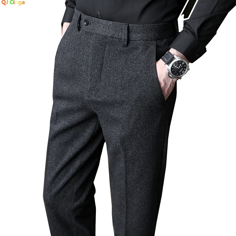 QJ CINGA Grey Mens Woolen Pants AutumnWinter Thick Trousers Men Slim Business Pantalones Hombre Fashion Slacks 2836 250610