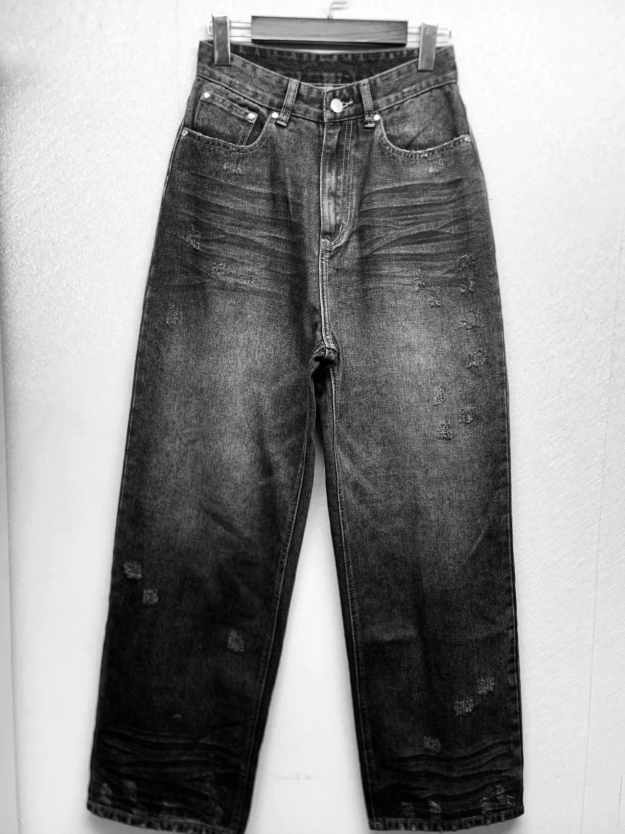 Factory customized wholesale vintage washed ripped wide leg denim pants 23-0108