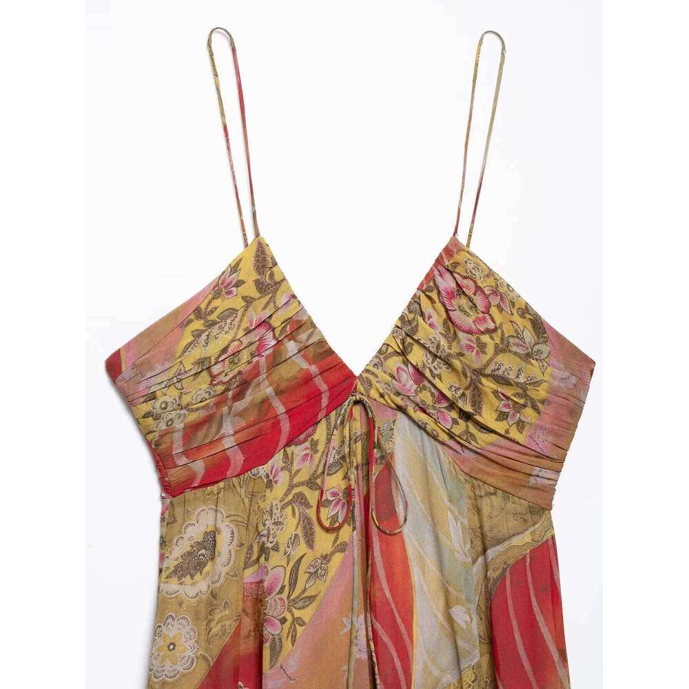 TRAFZA Women Bohemian Vintage Print Cami Backless Midi New 2025 Summer Fashion Beach Party Date Holiday Mujer Dress