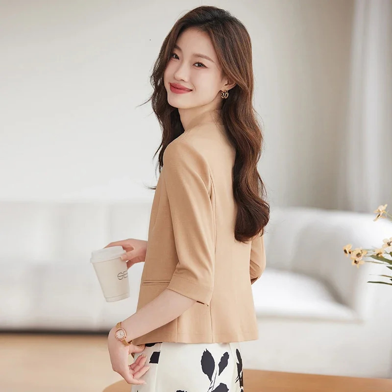 Fashion Summer Women Blazer Half Sleeve Jackets Outerwear Office Ladies Business Work OL Light Blue 250610