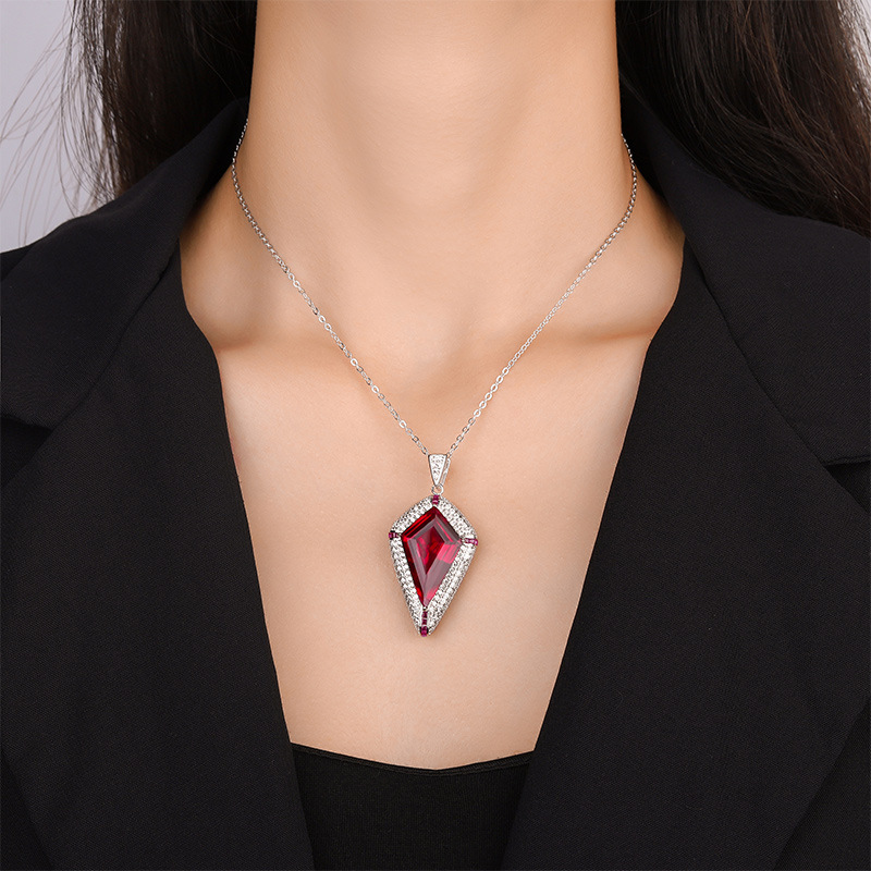 S925 Silver Faux Red Ruby Emerald Creative Triangle Pendant Necklace, 16x26mm Main Stone Design, Stylish and Elegant Women's Jewelry, Perfect for