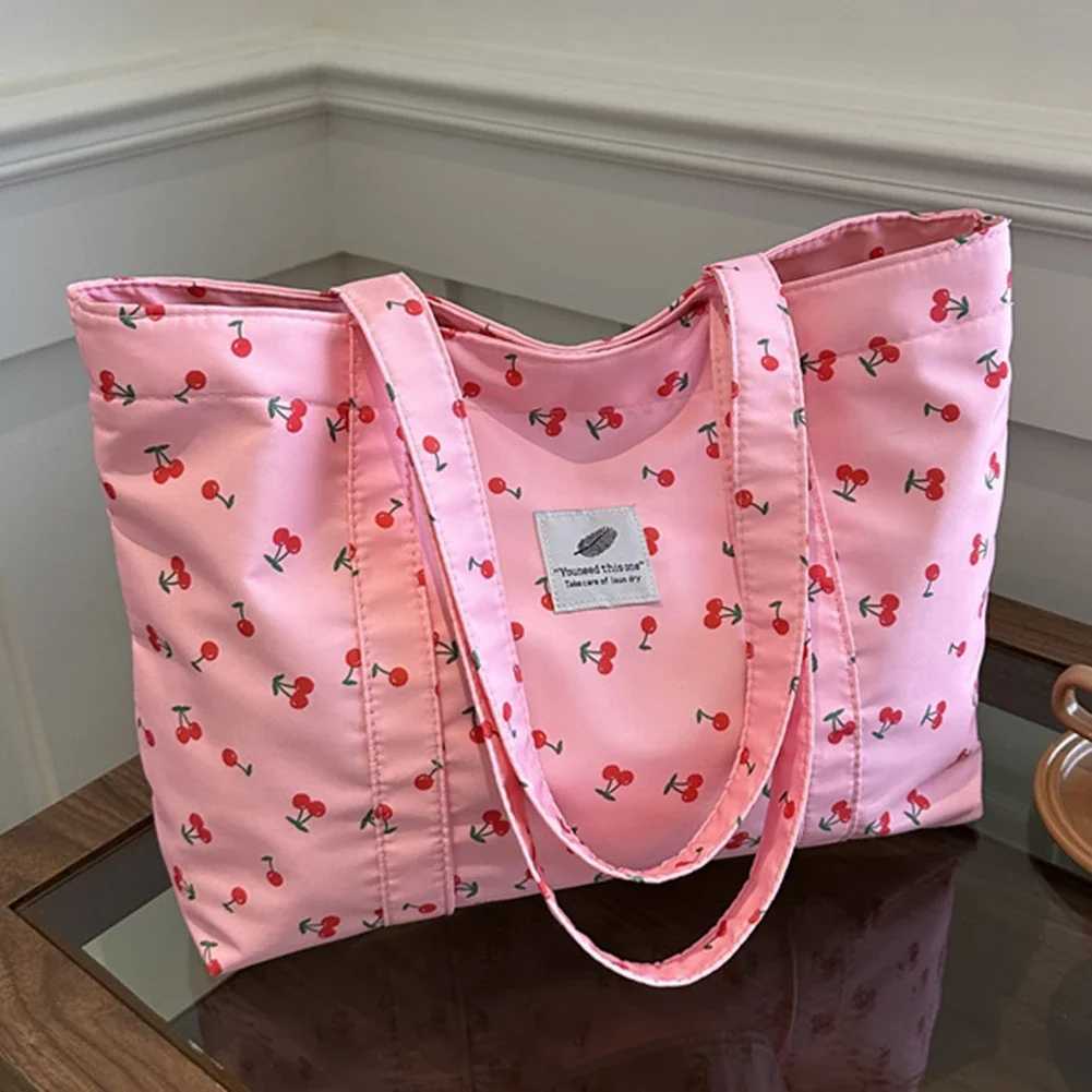 Cute Cherry Strawberry Print Casual Tote Bag Large Capacity Shopping Bag Nylon Aesthetic Handbag Grocery Bag for Women XJ250610