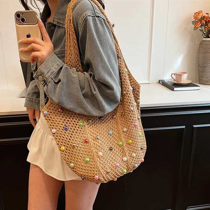 Summer Commuting Woven Bag for Women Single Armpit Bag Fashion Large Capacity Tote Bag Beach Pearl Hollow Handbag Shoulder Bag XJ250610