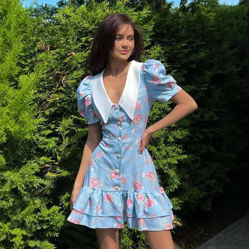 French Sweet Floral Print Puff Sleeve Ruffled Dresses Women's 2025 Elegant Corsets Pearl Buttons Sundress Chic Sweetheart Outfit