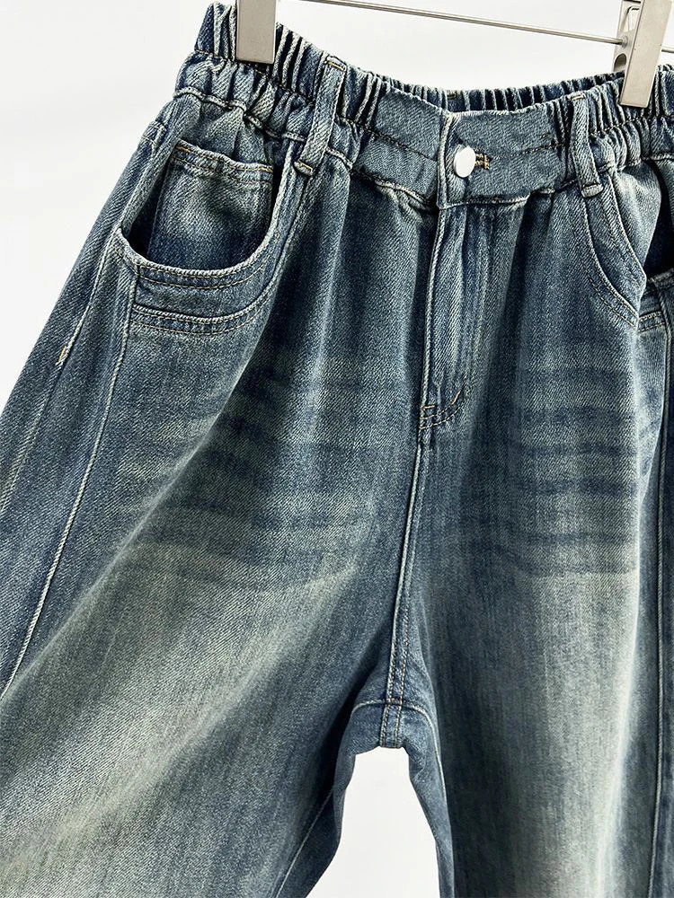 Plus Size 5XL 140kg Womans Denim Trousers Summer Wide Leg Pants Elastic Waist Leisure Ladies Pocket Trousers 250609