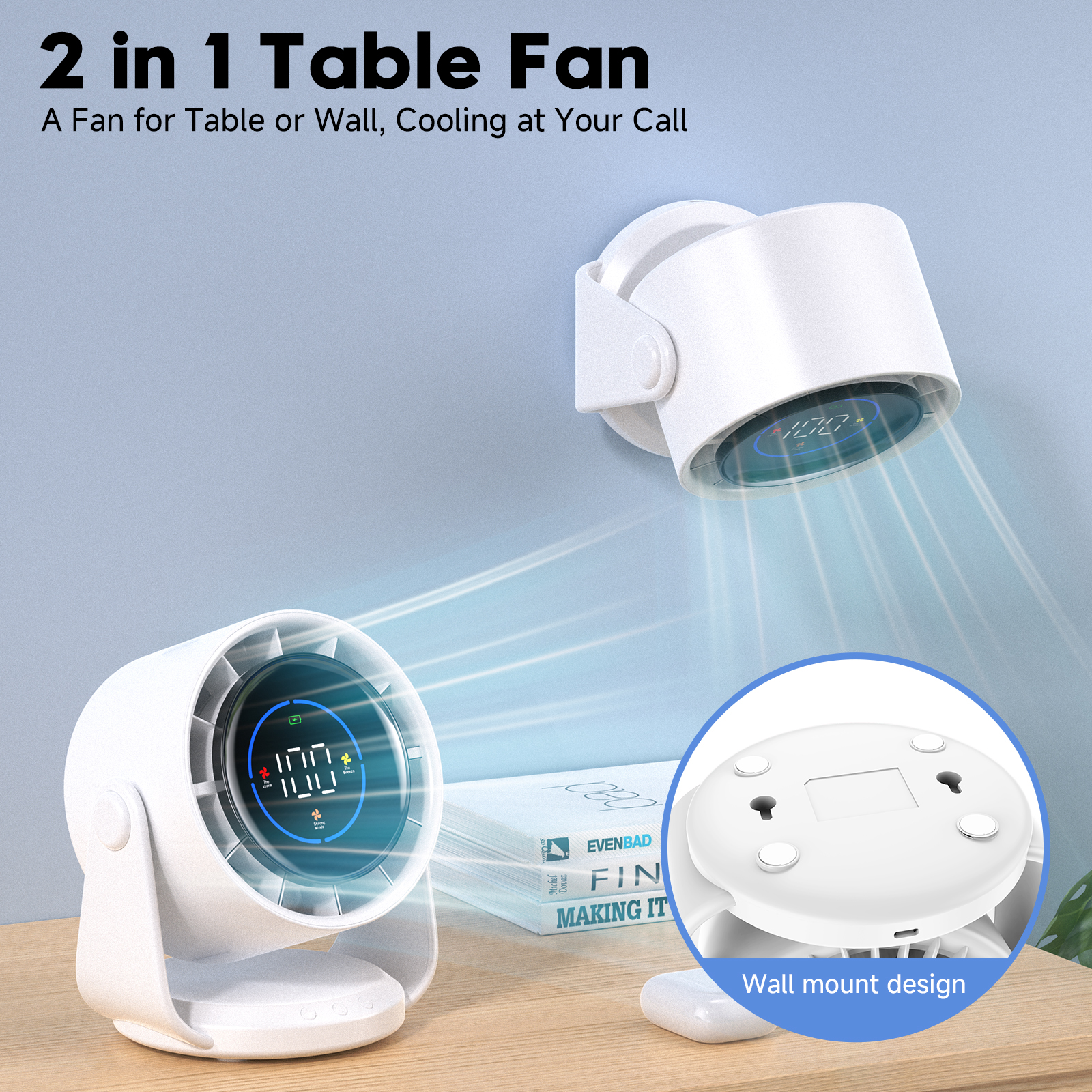 High-Speed Turbofan - 4000mAh Rechargeable Quiet Desktop Fan with LCD Display, Portable Cooling Fan for Home, Office & Bedroom