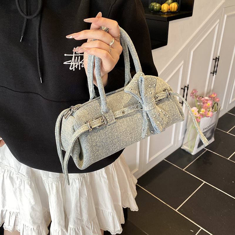 Free shipping designer 2025 New Trendy Belt Buckle Casual Denim Sausage Bag Niche Retro Design Bag for Women