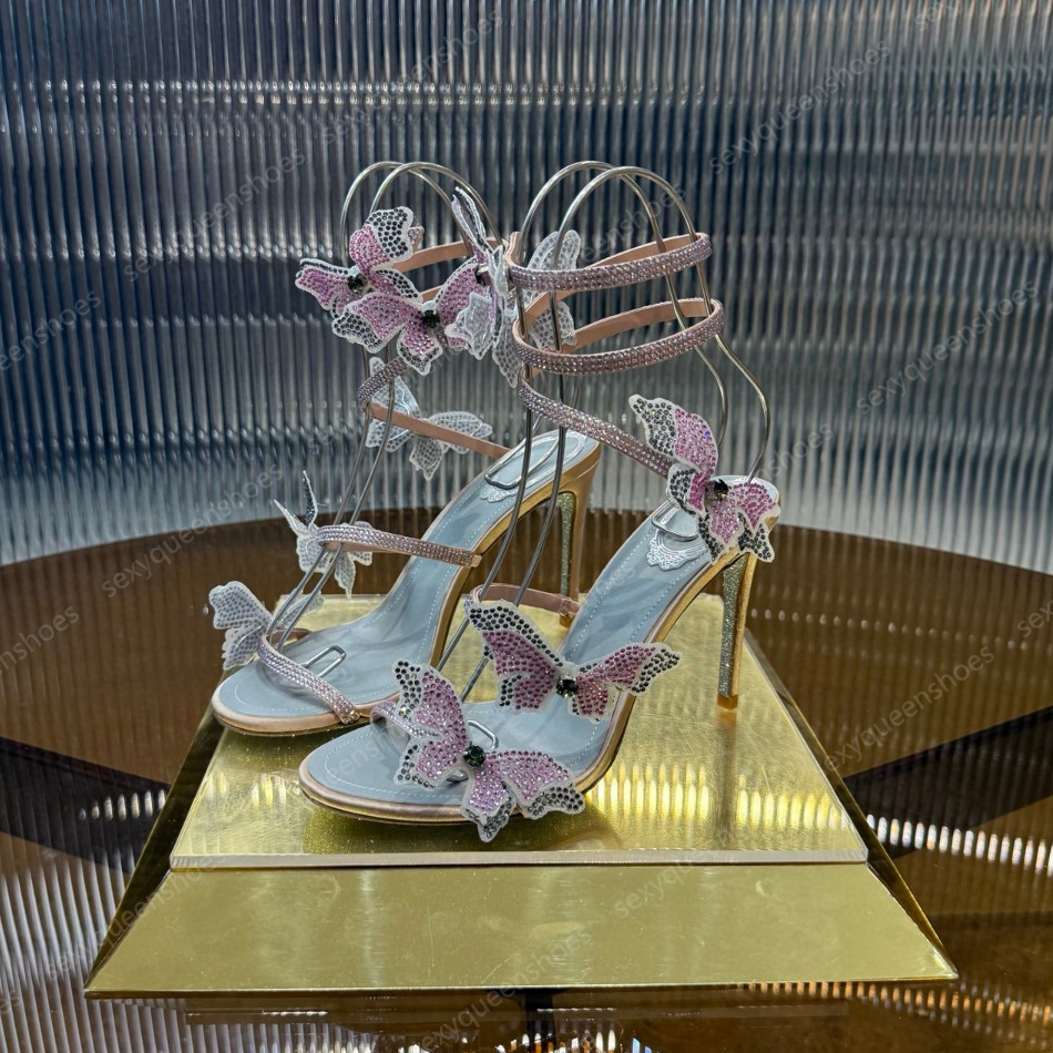 RENE High Heel Sandals Butterfly Flower Water Diamond Decoration Women Serpentine Wrapped Ankle Strap Fashion Luxury Designer Shoes Casual Party Sandal