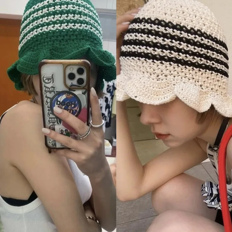 Japanese Niche Handknitted Hollowed Ruffle Leaf Edge Bucket Hats Women Summer Vacation Seaside Beach Sunscreen Basin Caps Men 250606