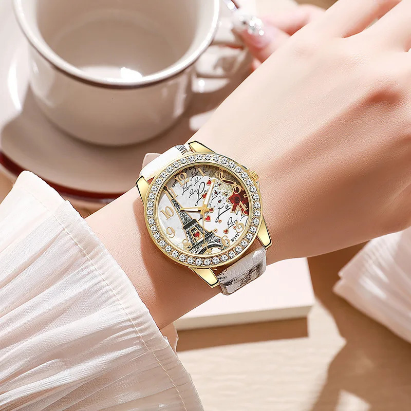 Fashion Large Dial Ladies Quartz Watch Romantic Eiffel Tower Women Leather Clock Gift Dress Watches 250606