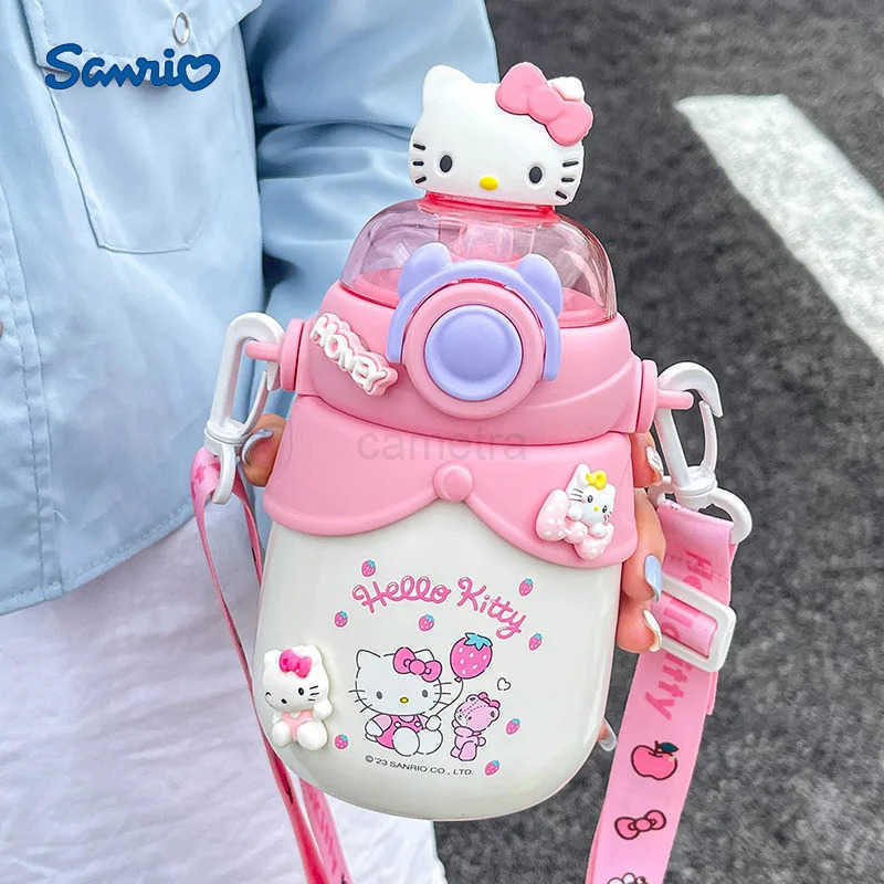 Sanrio Vacuum Cup Large Capacity Straw Stainless Steel Water Bottle Children School Portable Shoulder Thermos Cup Hello Kitty Girl Cute XJ250611