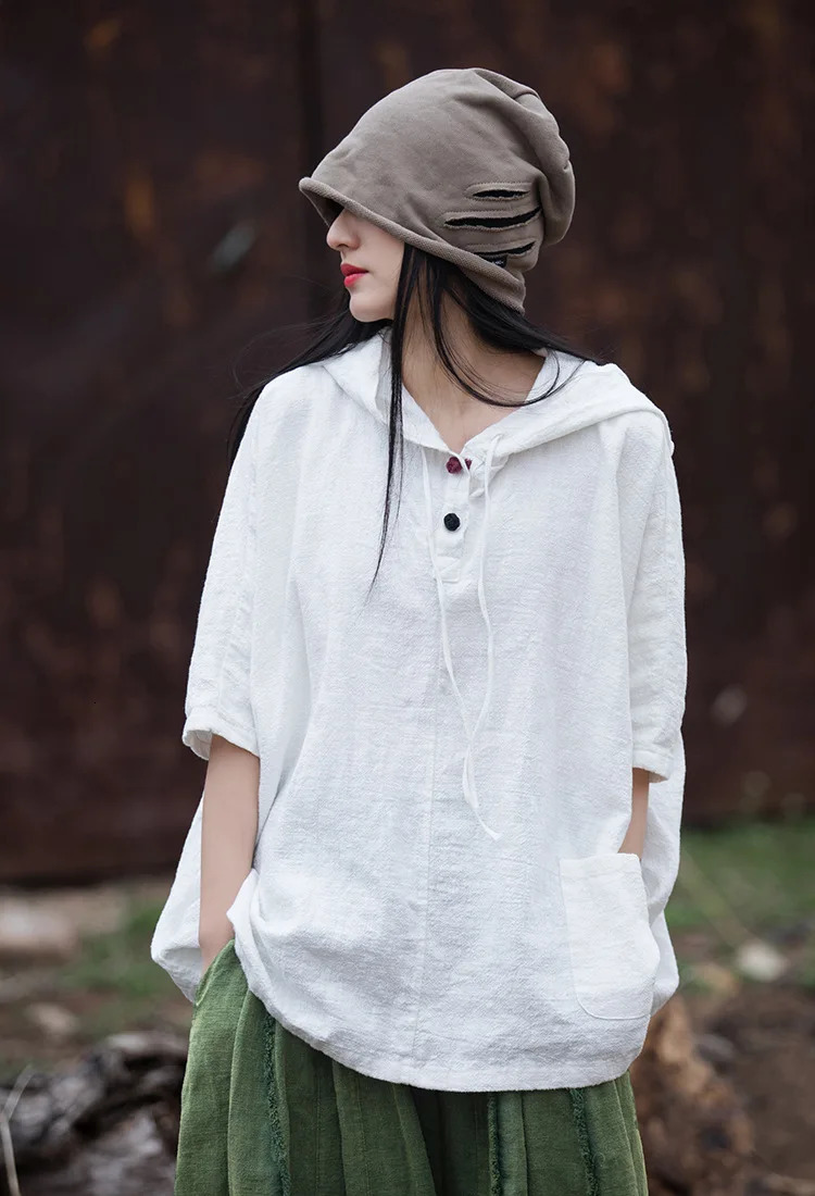 Yasuk Summer Casual Shirts Pullover Womens Loose Tees Gentle Heart Sport Cotton Linen Hooded Tea Coat Solid Chinese Style Retro 250610