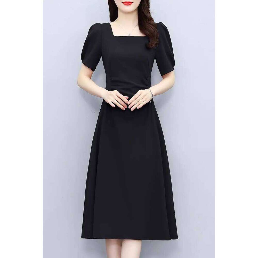 Retro Simple Summer 2025 Short Sleeve Square Collar Knee Length Fashion Solid Colar Slim Women Dress Red Black