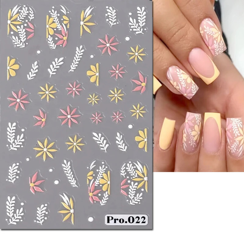 5D Embossed Nail Art Decals White Leaves Flowers Butterflys Adhesive Sliders Stickers Decoration For Manicure 250605