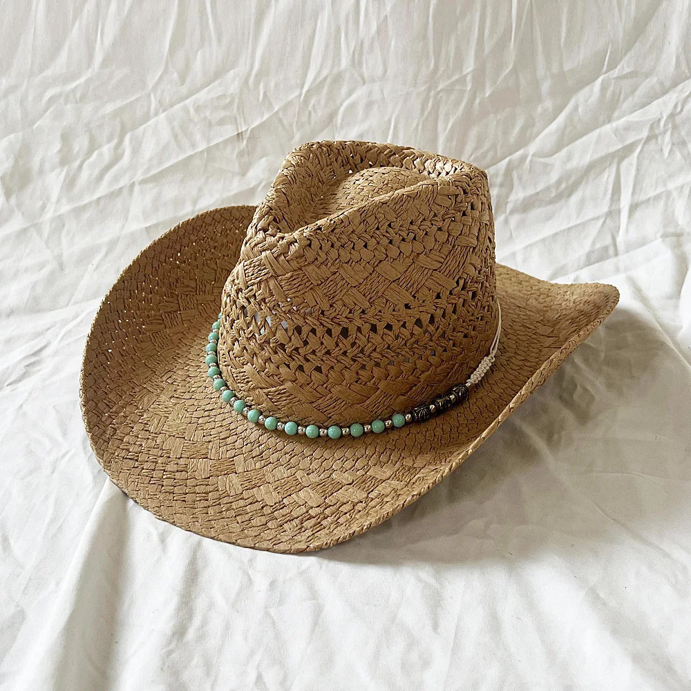 Handmade Women Men Straw Hat Summer Beach Shell Vintage Beads Hollow Out Western Wide Brim Sun Hat Fishing Holiday Bohemian Cap 250606