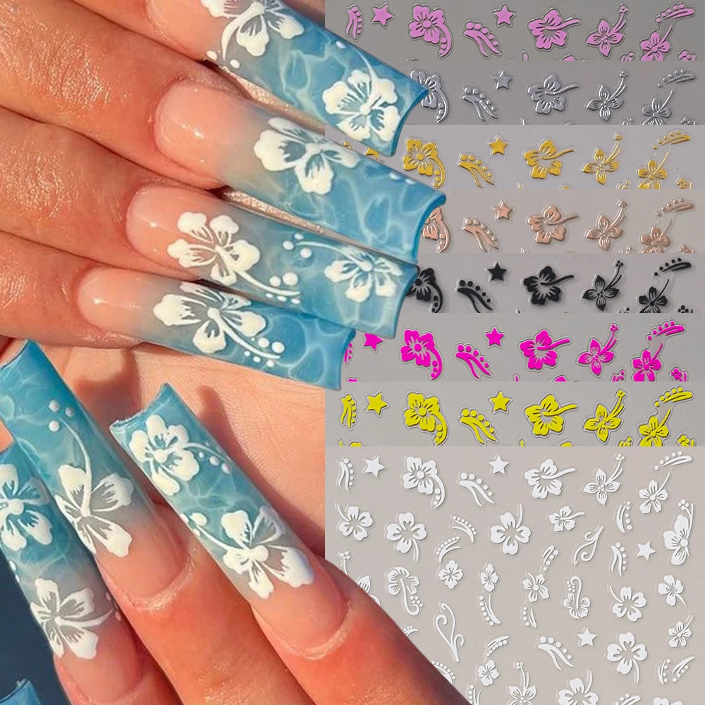 1pc 3D Hibiscus Flowers Nail Sticker White Black Flower Petals Adhesive Decals Pink Golden Floral Slider For Art Decoration 250605