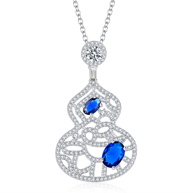 S925 Silver Faux Colored Gemstone Full Diamond Gourd Hollow Pendant Necklace, 6x8mm Main Stone, Exquisite Fashion Luxury Design, Perfect for Any Occas