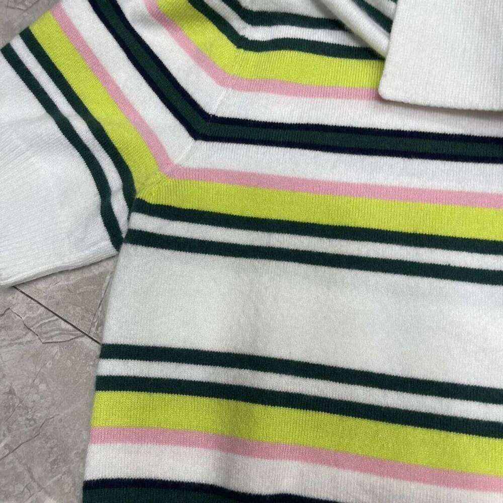2025 Summer Retro Style Women Knitted Set Polo Neck Short Sleeve Tops + Waist Skirt Contrasting Stripes High Quality
