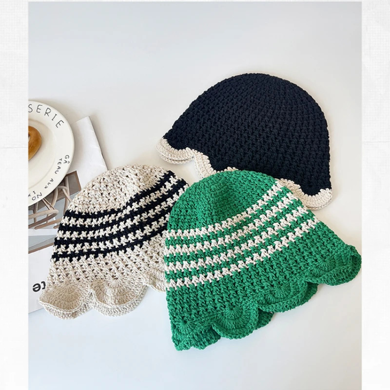 Japanese Niche Handknitted Hollowed Ruffle Leaf Edge Bucket Hats Women Summer Vacation Seaside Beach Sunscreen Basin Caps Men 250606