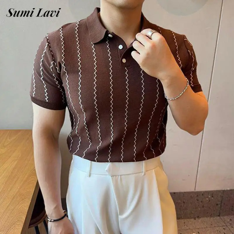 Spring Summer Casual Mens Polo Shirt Vintage Striped Crochet Buttoned Neck Knit Tops Men Fashion Slim Fit Polos 250610