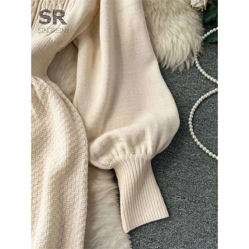 SINGREINY Loose Casual Knit Long Dress Women Solid Elastic Waist Lantern Sleeve O Neck Ladies Fashion Winter Sweater Dresses
