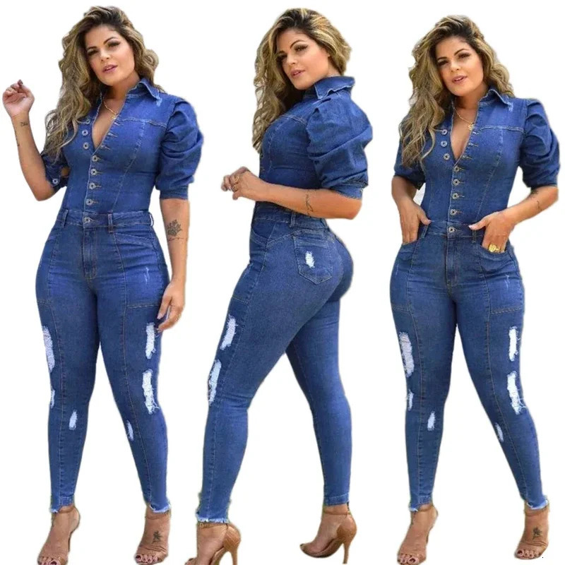 Sexy Plus Size Cotton Bodycon Long Jeans Jumpsuit Women Puff Sleeve Hole Ripped Denim Playsuit Romper Overalls Combinaison Femme 250609