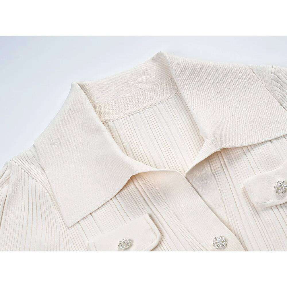 Romantic French Style Polo Collar Dias Buttons Biege Color Full Length Knitting Dress for Tall Women High Quality
