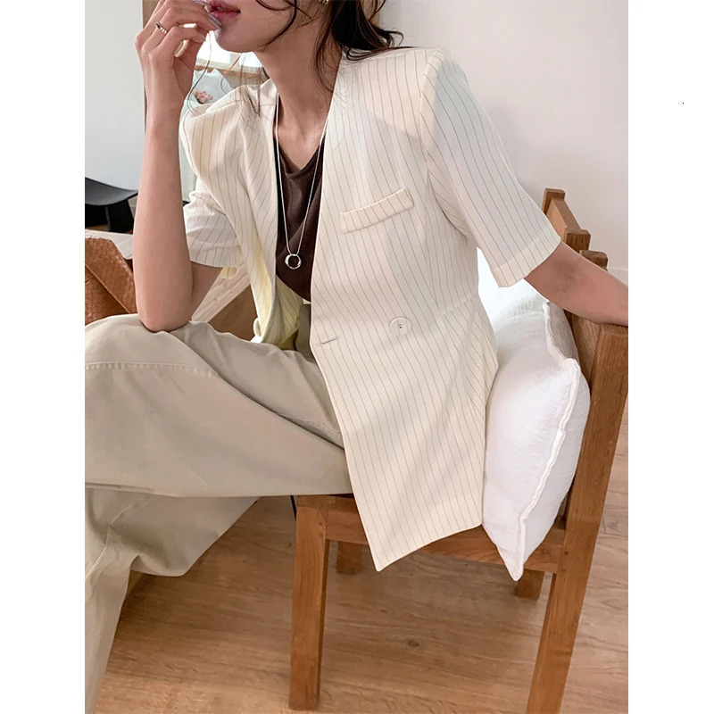 Elegant Striped Blazer Women Fashion Black Lace Up Suit Jackets Korean V Neck Outerwears Summer Office Ladies Short Sleeve Coats 250610