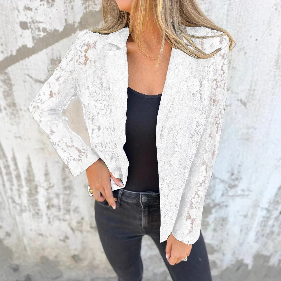 Summer Womens Jacket Fashion Casual Dress Solid Color Lace Blazer White Black Available 250610
