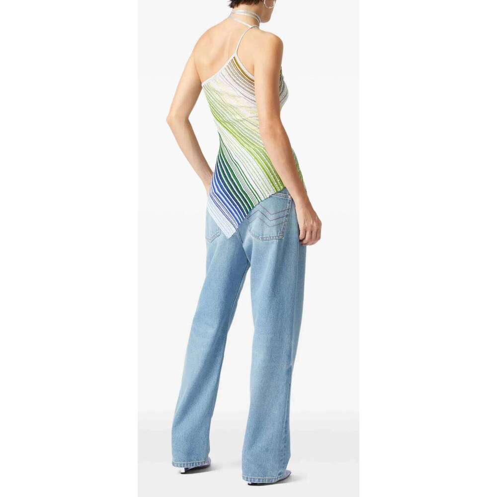 Women Slanted Shoulder Metallic Sequined Striped Knit Camisole Top+ Elastic Waist Wide Leg Long Pants Set