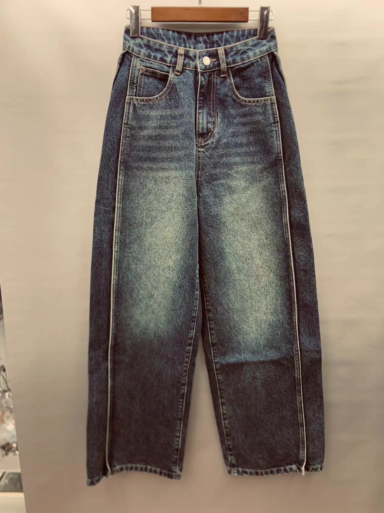 Factory Customized Wholesale Vintage Gray Washed High Waist Spliced Jeans 24-0803