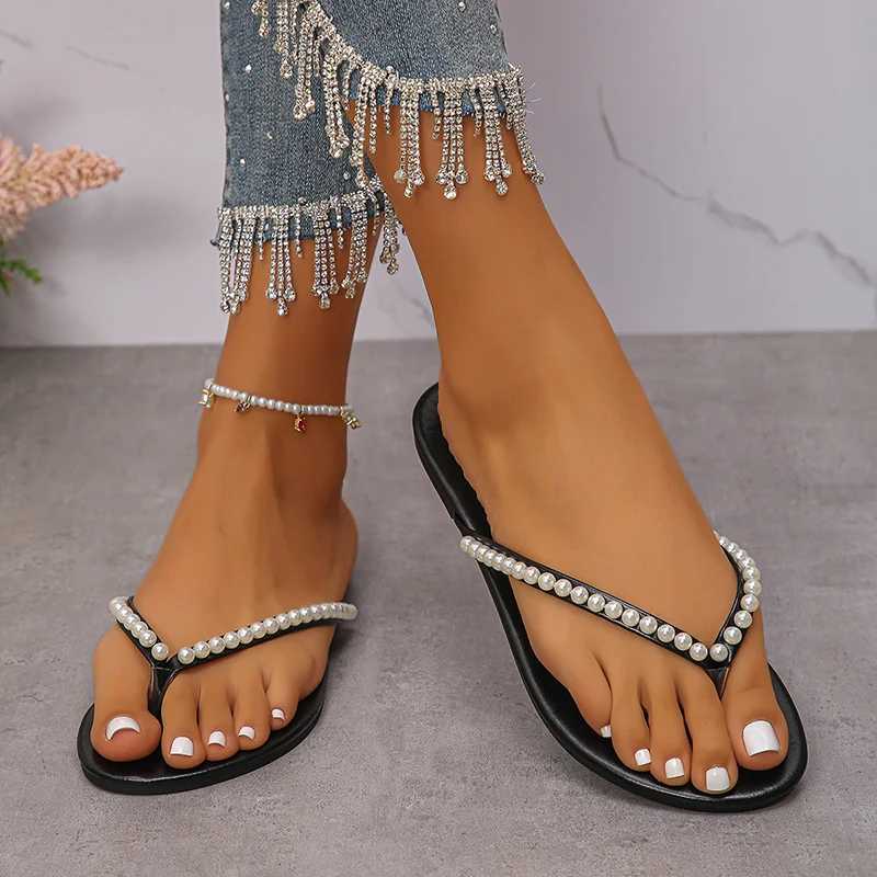 Summer Beach Pearl Decor Flip Flops Women Fi Black Flat Clip Toe Slippers Female Plus Size N Slip Pu Leather Slides Mujer XJ250610