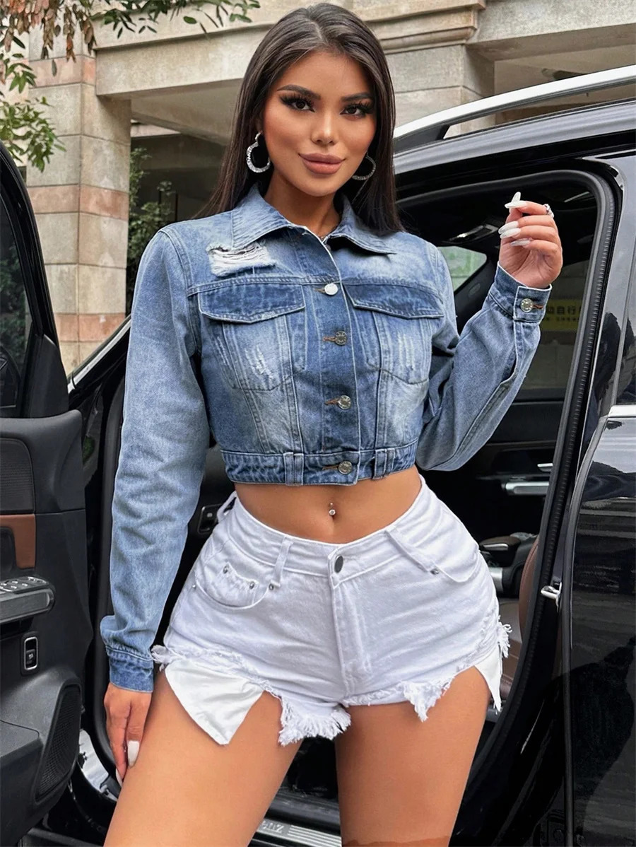 Benuynffy Fashion Long Sleeve Crop Denim Jacket Womens Spring Fall Single Breasted Casual Loose Ripped Jean Coat Y2k Streetwear 250609