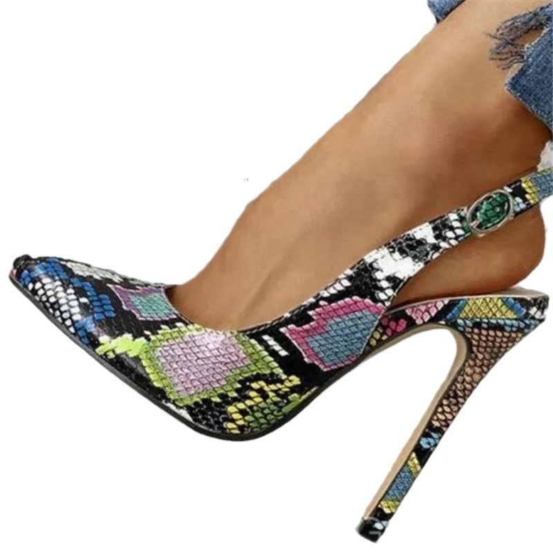 Kllyilala Sexy Snakeskin Buckles Leather Women Pumps Pointed Toe High Heels Dress Shoes Slip-on Patchwork Wedding Party Dress 250317