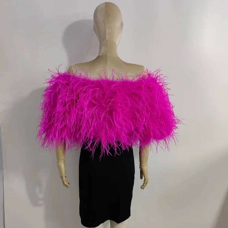 Natural Ostrich Feather Half Sleeved Off Shoulder Women's Top, Length 30Cm, Suitable For Parties, Nightclubs, Customizable Size