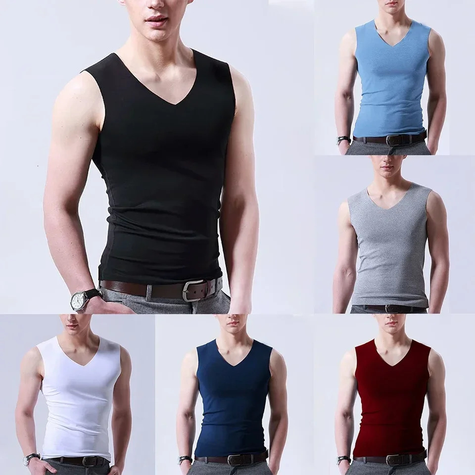 Ice Silk Mens Solid Tank Tops Sexy V Neck Sleeveless Vests Male No Trace Undershirt Elastic Fitness Casual Bodybuilding Suits 250609