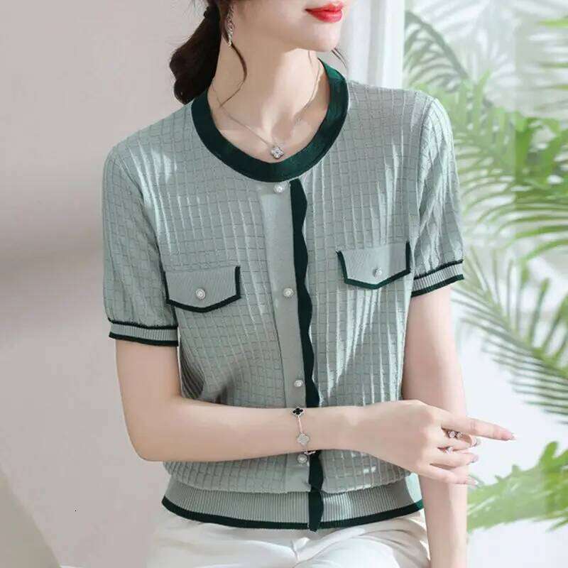 Ladies Fashion Loose Patchwork O-neck Knitting Pullovers Summer Fashionable All-match Buttons Screw Thread T-Shirts Women Tops