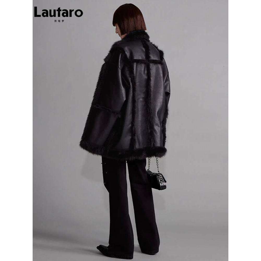 Lautaro Autumn Winter Cool Loose Black Thick Warm Soft Hairy Faux Sheepskin Coat Women Designer Clothes Fluffy Jacket
