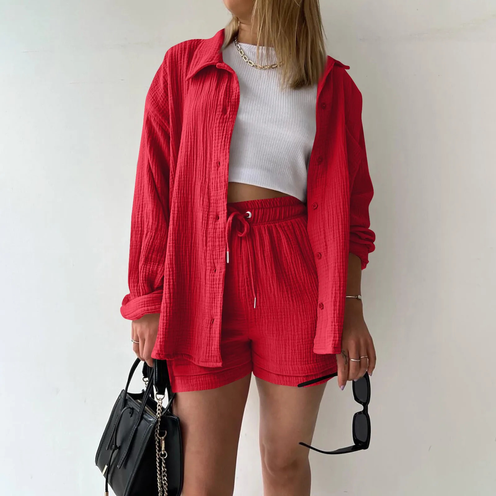 Summer Cotton Linen High Waist Shirt Shorts Women Turn Down Collar Long Sleeve Tops and Shorts Suit Cotton Casual Two Piece Sets 250606