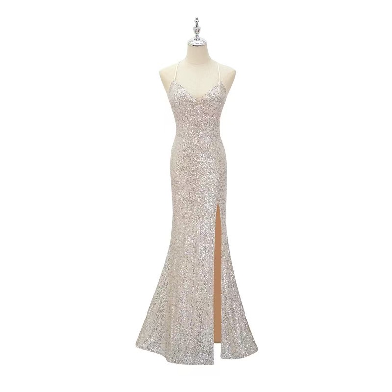 New sequined evening gown, sexy backless strap, European style long floor-length fishtail floor-length, hostess banquet, red color