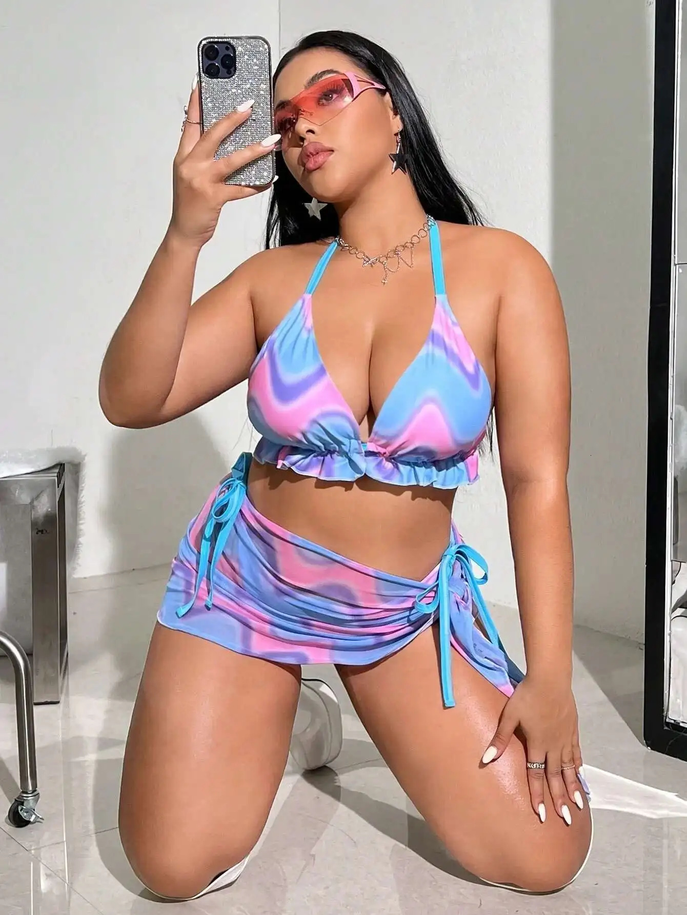 Large Size Split Swimsuit Womens Sexy Bikini Three Piece Set with Printed Colors Elegantes Casual Y2k 250530