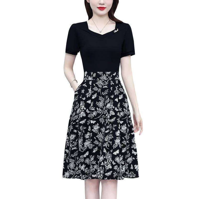 Elegant Fashion Floral Printed Slim Short Sleeved Women Dresses 2025 Summer Fake Two-piece OL Dress