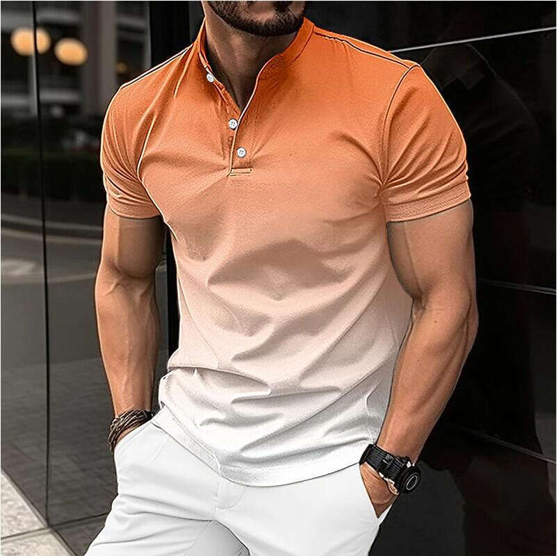 Spring Summer New Fashion Men's Stand Collar Gradient Casual Short Sleeve Golf Henley Shirt B5