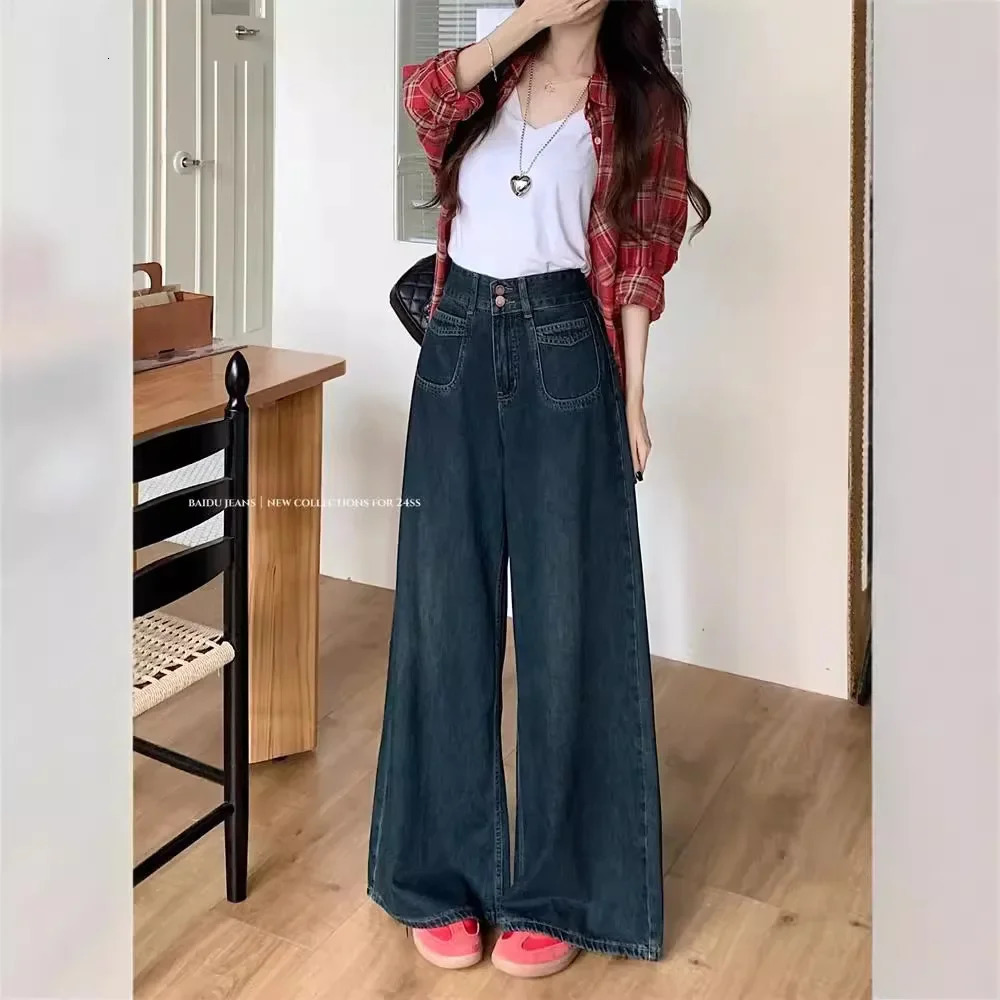Plus Size Deep Blue High Waist Denim Jeans Trendy Spring Autumn Loose Slimming FloorLength Straight Casual Pants for Women 250609