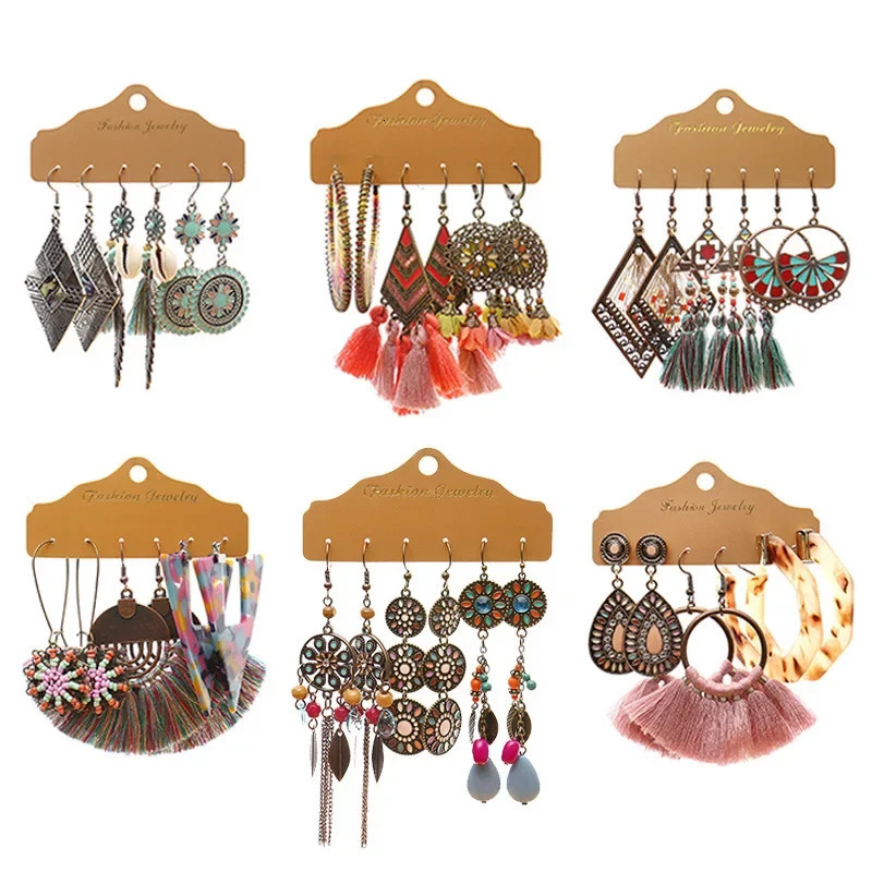 Boho Geometry Multicolor Round Beads Flower Drop Earrings Set for Women Vintage Ethnic Fanshaped Tassel Long Earrings Jewelry 250610