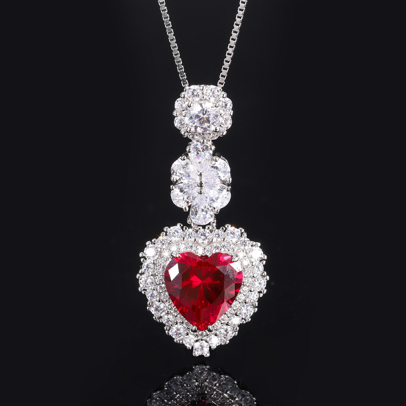 New S925 Silver Faux Colored Gemstone Heart Pendant Necklace, 10x10mm Main Stone, Stylish High-End Women's Jewelry, Perfect Gift Choice